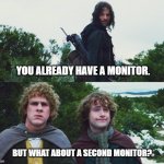 Monitor for the boss. | YOU ALREADY HAVE A MONITOR. BUT WHAT ABOUT A SECOND MONITOR? | image tagged in aragorn merry pippin second breakfast | made w/ Imgflip meme maker
