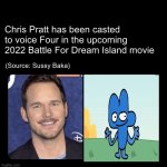 Chris Pratt voice | Chris Pratt has been casted to voice Four in the upcoming 2022 Battle For Dream Island movie (Source: Sussy Baka) | image tagged in chris pratt voice | made w/ Imgflip meme maker
