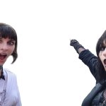 Two goth girls pointing