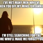 Can’t forget | I’VE MET MANY MEN WHO’VE TAKEN YOU OFF MY MIND FOR AWHILE. I’M STILL SEARCHING FOR THE ONE WHO’LL MAKE ME FORGET YOU. | image tagged in woman alone on beach sunset | made w/ Imgflip meme maker