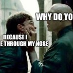 Finally the truth! | WHY DO YOU LIVE? BECAUSE I BREATHE THROUGH MY NOSE | image tagged in voldemort and harry | made w/ Imgflip meme maker