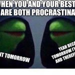 It’s what we procrastinators do… | WHEN YOU AND YOUR BEST FRIEND ARE BOTH PROCRASTINATORS; YEAH BECAUSE TOMORROW I’LL BE OLDER AND THEREFORE WISER; JUST DO IT TOMORROW | image tagged in double evil kermit,memes,funny memes,funny,procrastination,best friends | made w/ Imgflip meme maker