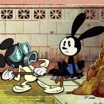 Mickey shoveled Oswald out of the pile of excrement