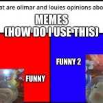first meme template | MEMES
(HOW DO I USE THIS); FUNNY 2                                                            
            FUNNY | image tagged in what are olimar and louie's opinions about | made w/ Imgflip meme maker