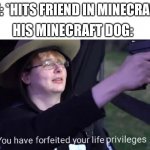 He do be a good boy tho | HIS MINECRAFT DOG:; ME: *HITS FRIEND IN MINECRAFT* | image tagged in you have forfeited life privileges | made w/ Imgflip meme maker