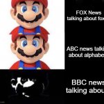 :0 | FOX News talking about foxes; ABC news talking about alphabets; BBC news talking about.. | image tagged in mario dark three panel,memes,funny,gifs,not really a gif,oh wow are you actually reading these tags | made w/ Imgflip meme maker