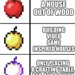m i n e c r a f t | BUILDING VIDEO GAME INSPIRED HOUSES; BUILDING A HOUSE OUT OF WOOD; ONLY PLACING A CRAFTING TABLE, BED, AND A CHEST | image tagged in minecraft apple format | made w/ Imgflip meme maker