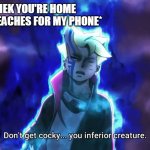 Don't get cocky... you inferior creature | MOM : ACT LIEK YOU'RE HOME
COUSIN : *REACHES FOR MY PHONE*
ME : | image tagged in don't get cocky you inferior creature | made w/ Imgflip meme maker