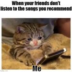 Im sad :( | When your friends don't listen to the songs you recommend; Me | image tagged in crying cat phone | made w/ Imgflip meme maker