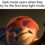 Dark users | Dark mode users when they try for the first time light mode: | image tagged in memes,funny,gif,not really a gif,zootopia | made w/ Imgflip meme maker