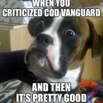 Sorry COD | WHEN YOU CRITICIZED COD VANGUARD; AND THEN IT’S PRETTY GOOD | image tagged in scared dog,memes,vanguard,cod,thanks | made w/ Imgflip meme maker