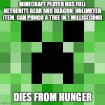 STRONGE MAN | MINECRAFT PLAYER HAS FULL NETHERITE GEAR AND BEACON. UNLIMETED ITEM. CAN PUNCH A TREE IN 1 MILLISECOND DIES FROM HUNGER | image tagged in memes,scumbag minecraft | made w/ Imgflip meme maker