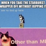 I see no god up here other than me | WHEN YOU TAKE THE STARBURST WRAPPER OFF WITHOUT RIPPING IT | image tagged in i see no god up here other than me | made w/ Imgflip meme maker