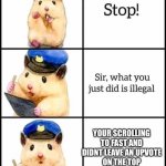 STOP RIGHT THERE! | YOUR SCROLLING TO FAST AND DIDNT LEAVE AN UPVOTE ON THE TOP IMAGE ON THE FIRST PAGE | image tagged in hamster cop | made w/ Imgflip meme maker