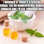 BS detection | I WONDER IF THERE'S A SPECIAL HERBAL TEA OR HOMEOPATHIC REMEDY THAT ENABLES ONE TO SEE THROUGH BULLSHIT | image tagged in alternative medicine,homeopathy,herbal tea,bullshit | made w/ Imgflip meme maker