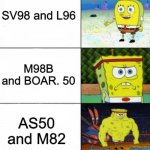 Zombie Uprising weapons be like | SV98 and L96; M98B and BOAR. 50; AS50 and M82 | image tagged in strong spongebob | made w/ Imgflip meme maker