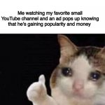 Congrats man | Me watching my favorite small YouTube channel and an ad pops up knowing that he’s gaining popularity and money | image tagged in crying cat with thumbs up,youtube,meme,actually relatable | made w/ Imgflip meme maker