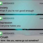 Just in case someone needs to see this today | Crush; I think I like you, wanna go out sometime? | image tagged in anxiety/depression texts,wholesome,crush | made w/ Imgflip meme maker
