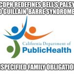 CALIFORNIA REDEFINES THE TERMS | CDPH REDEFINES BELL’S PALSY AND GUILLAIN-BARRE SYNDROME AS; "UNSPECIFIED FAMILY OBLIGATIONS" | image tagged in california dept of public health,gavin,covid vaccine,california,public relations | made w/ Imgflip meme maker
