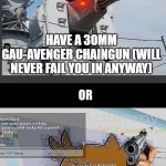 Would You Rather | HAVE A 30MM GAU-AVENGER CHAINGUN (WILL NEVER FAIL YOU IN ANYWAY); TORD THE GAY GERMAN (ONLY HAS DISSAPOINTING PISTOL) | image tagged in would you rather | made w/ Imgflip meme maker
