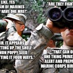 Happy 246th Birthday Marines! | "SIR! IT LOOKS LIKE, YES IT IS! A FIRETEAM OF MARINES AND THEY ONLY HAVE ONE MRE!"; "ARE THEY FIGHTING OVER IT?"; "UH NO SIR, IT APPEARS THEY ARE CUTTING UP THE SHELF STABLE LEMON POPPY SEED CAKE AND SPLITTING IT FOUR WAYS."; "THAT CAN ONLY MEAN ONE THING PRIVATE. SOUND THE ALERT AND PREPARE FOR MORE MARINE CORPS BIRTHDAY MEMES!" | image tagged in military using binoculars,usmc birthday,marine corps,mre | made w/ Imgflip meme maker