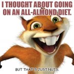 Daily Bad Dad Joke Nov 10 2021 | I THOUGHT ABOUT GOING ON AN ALL-ALMOND DIET. BUT THAT'S JUST NUTS. | image tagged in crazy hammy squirrel | made w/ Imgflip meme maker