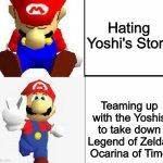 SM64/Yoshi's Story <  Ocarina of Time | Hating Yoshi's Story; Teaming up with the Yoshis to take down Legend of Zelda: Ocarina of Time | image tagged in super hotline bling 64 | made w/ Imgflip meme maker