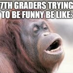 at least at my school | 7TH GRADERS TRYING TO BE FUNNY BE LIKE: | image tagged in memes,monkey ooh | made w/ Imgflip meme maker