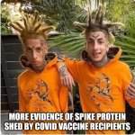 EVIDENCE OF SPIKE PROTEIN SHED | MORE EVIDENCE OF SPIKE PROTEIN SHED BY COVID VACCINE RECIPIENTS | image tagged in spike protein twins,covid vaccine,funny memes,evidence,covid-19 | made w/ Imgflip meme maker