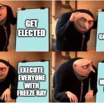 gru's plan | BE THE GOVERNOR; GET ELECTED; GET MURDERED BY GOD; EXECUTE EVERYONE WITH FREEZE RAY | image tagged in gru's idiot plan | made w/ Imgflip meme maker