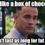 A rare bit of insight. | Life is like a box of chocolates. It doesn't last as long for fat people. | image tagged in forrest gump,memes,funny | made w/ Imgflip meme maker