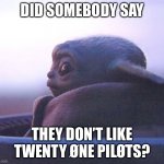 Excuse me?? | DID SOMEBODY SAY; THEY DON’T LIKE TWENTY ØNE PILØTS? | image tagged in baby yoda side eye,twenty one pilots | made w/ Imgflip meme maker
