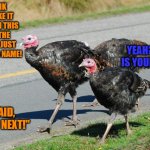 turkeys | I THINK I'LL MAKE IT THROUGH THIS YEAR. THE FARMER JUST GAVE ME A NAME! YEAH? WHAT IS YOUR NAME? HE SAID, "YOU'RE NEXT!" | image tagged in turkeys | made w/ Imgflip meme maker