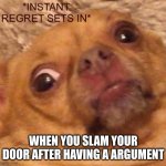 Instant regret sets in | WHEN YOU SLAM YOUR DOOR AFTER HAVING A ARGUMENT | image tagged in instant regret sets in | made w/ Imgflip meme maker