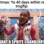Wanna Sprite Cranberry | Christmas: *is 40 days within reach*
Imgflip:; WANT A SPRITE CRANBERRY? | image tagged in wanna sprite cranberry | made w/ Imgflip meme maker