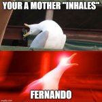 when you say the f word | YOUR A MOTHER "INHALES"; FERNANDO | image tagged in goose yell | made w/ Imgflip meme maker