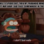 Spider Eggs | WHEN I KILL A SPIDER BUT THEN MY PARANOID MIND THINKS IT MAY HAVE LAID EGGS SOMEWHERE IN THE HOUSE | image tagged in i don't feel safe,amphibia,spiders,scary,my brain,hop pop | made w/ Imgflip meme maker