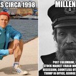 Millennials circa 1998 | MILLENNIALS; MILLENNIALS CIRCA 1998; POST COLUMBINE, 9/11, THE 2008 STOCK MARKET CRASH WHICH LED TO THE GREAT RECESSION, COUNTLESS OTHER MASS SHOOTINGS, TRUMP IN OFFICE, GEORGE FLOYD, COVID-19, ETC. | image tagged in willem dafoe early vs late | made w/ Imgflip meme maker