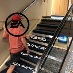 skipping stairs | HIGH PRICE; GOOD STORY; FINISHED GAME; GOOD GRAPHICS | image tagged in skipping stairs,ea | made w/ Imgflip meme maker