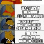 fullcast tux winne | TEACHERS DURING ONLINE SCHOOL; TEACHERS IN THE MIDDLE OF ONLINE SCHOOL; TEACHERS WHEN HEARING WE MIGHT GO BACK TO SCHOOL; THE DAY WHEN WE GO BACK TO SCHOOL; TEACHERS WHEN WE GO BACK TO SCHOOL | image tagged in fullcast tux winne | made w/ Imgflip meme maker