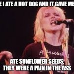 Blondie | ONCE I ATE A HOT DOG AND IT GAVE ME GAS; ATE SUNFLOWER SEEDS,
THEY WERE A PAIN IN THE ASS | image tagged in blondie | made w/ Imgflip meme maker