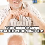 Hide the pain Harold - 2 part  | I ONCE CONDUCTED A RESEARCH STUDY; I ASKED 100 RANDOM WOMEN WHAT THEIR FAVORITE SHOWER GEL IS; THE MOST COMMON RESPONSE WAS “HOW THE F—K DID YOU GET IN HERE?!?! | image tagged in hide the pain harold - 2 part | made w/ Imgflip meme maker