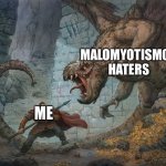 Man Fighting Dragon | MALOMYOTISMON HATERS; ME | image tagged in man fighting dragon | made w/ Imgflip meme maker