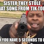 black man with gun | SISTER THEY STOLE THAT SONG FROM TIK TOK!! B…H YOU HAVE 5 SECONDS TO RUN | image tagged in black man with gun | made w/ Imgflip meme maker