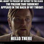 I choked once lol | ME: ABOUT TO PRESENT MY REPORT TO THE CLASS THE PHLEGM THAT SUDDENLY APPEARS IN THE BACK OF MY THROAT: HELLO THERE | image tagged in hello there | made w/ Imgflip meme maker