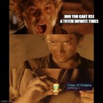Totem of undying infinity | NOO YOU CANT USE A TOTEM INFINITE TIMES | image tagged in frodo wearing ring | made w/ Imgflip meme maker