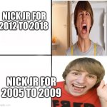 Fred Thanks for nick jr 2012 to 2018 and nick jr for 2005 | NICK JR FOR 2012 TO 2018; NICK JR FOR 2005 TO 2009 | image tagged in fred figglehorn blank template,fred,nick jr,memes | made w/ Imgflip meme maker