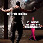 lol | THE LEVEL 90 BOSS MY LOW LEVEL ASS GOING INTO A HIGH LEVEL AREA | image tagged in pink guy vs bane | made w/ Imgflip meme maker
