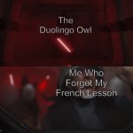 Help | The Duolingo Owl; Me Who Forgot My French Lesson | image tagged in darth vader vs rebel | made w/ Imgflip meme maker