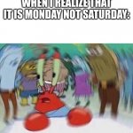 Mr Crabs | WHEN I REALIZE THAT IT IS MONDAY NOT SATURDAY: | image tagged in mr crabs | made w/ Imgflip meme maker